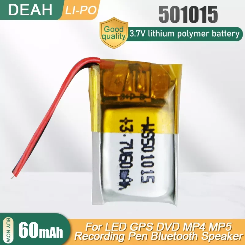 501015 3.7V 60mAh Rechargeable Lithium Polymer Battery For MP4 Bluetooth Earphone Video Pen GPS Walkie Talkie Smart Watch 501115
501015 3.7V 60mAh Rechargeable Lithium Polymer Battery For MP4 Bluetooth Earphone Video Pen GPS Walkie Talkie Smart Watch 501115