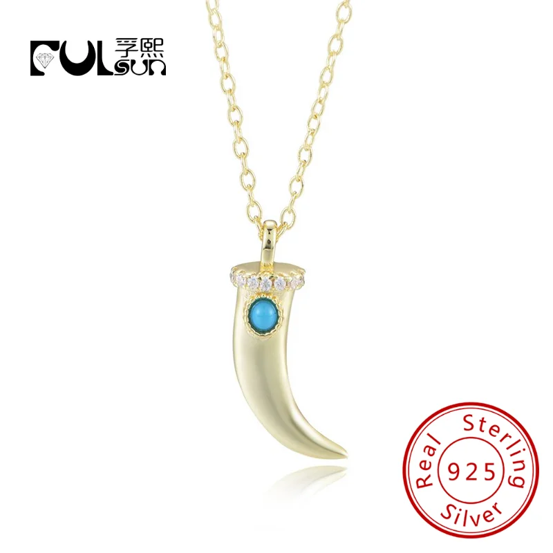 

14k Gold Plating Astrology Sign Clavicle Chain White CZ Crescent Pendant Exquisite S925 Silver Horn Turquoise Necklace Jewelry