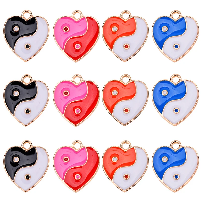 

10Pcs 15*18mm Colorful Heart Shape Taiji Yinyang Gossip Charm Gold Enamel Alloy Pendant DIY Bracelet Jewelry Making Accessories