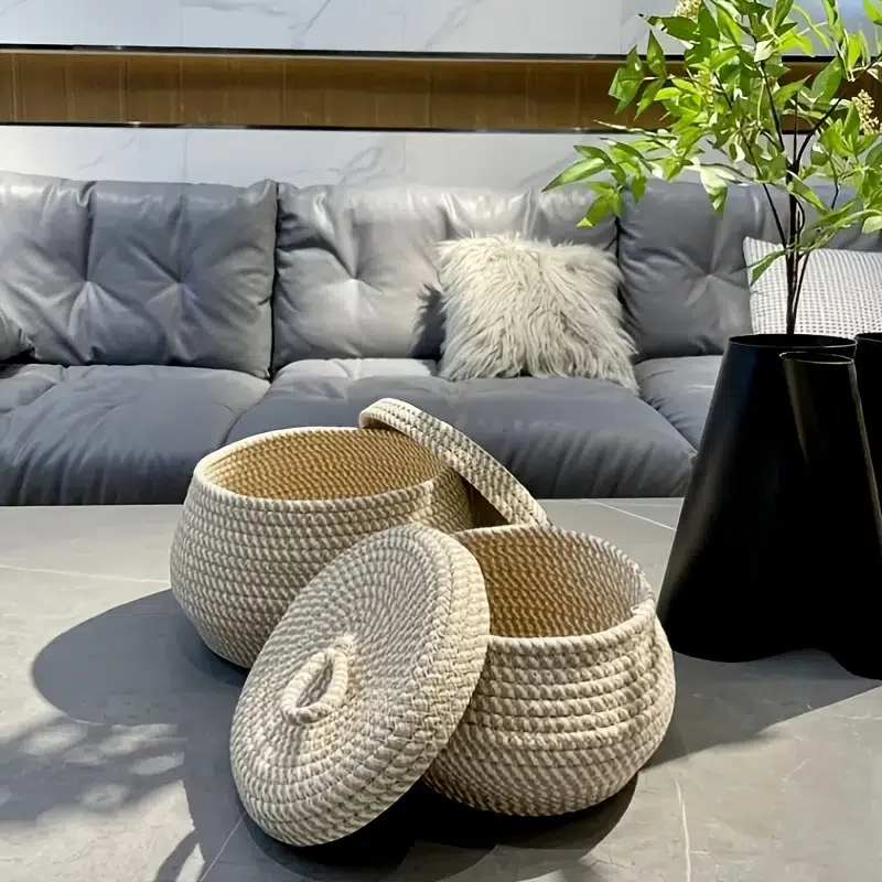Round Cotton Rope Storage Basket With Lid, Decorative Woven Storage Bin, Desktop Storage Basket
Round Cotton Rope Storage Basket With Lid, Decorative Woven Storage Bin, Desktop Storage Basket