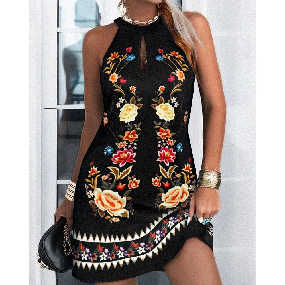 Summer Women Floral Print Cutout Sleeveless Dress Femme O-Neck Casual Black Vacation New in Short Dress Elegant Streetwear
Summer Women Floral Print Cutout Sleeveless Dress Femme O-Neck Casual Black Vacation New in Short Dress Elegant Streetwear