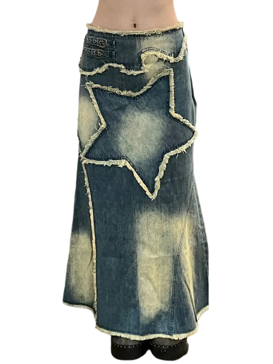 

Women Long Denim Ruffle Skirt Stretchy Waist Star Patchwork Midi Jean Skirt Frayed Hem Distressed Skirt Streetwear