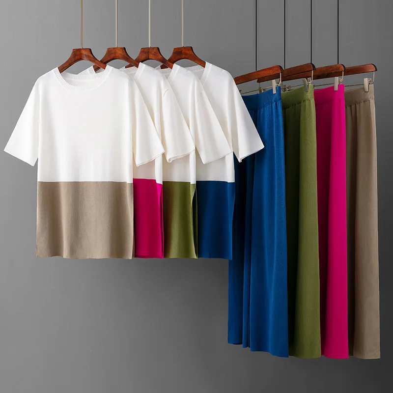 Spring Summer 2 Piece T-shirts Sets Womem Knitted Pleated Short Sleeve Pullover Outfits Elegant Wide Leg Capris Pants Suits
Spring Summer 2 Piece T-shirts Sets Womem Knitted Pleated Short Sleeve Pullover Outfits Elegant Wide Leg Capris Pants Suits