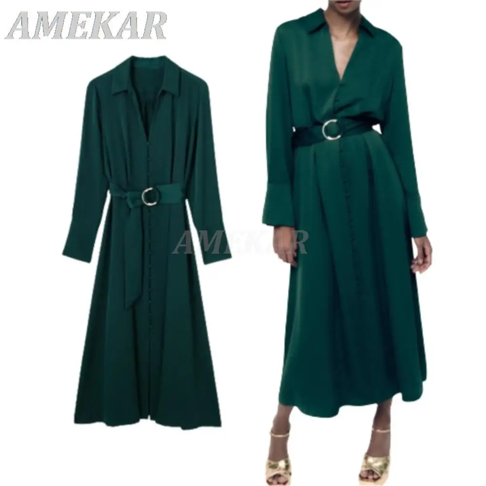 Spring New Elegant Dress With Belt For Women V-Neck Long Sleeve High Waist Vintage Mid A-Line Dress Lady Fashion All-match Dress
Spring New Elegant Dress With Belt For Women V-Neck Long Sleeve High Waist Vintage Mid A-Line Dress Lady Fashion All-match Dress