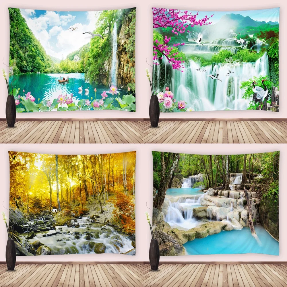 

Aesthetic Tapestry Nature Scenery Forest Waterfall Lotus Floral Blue Lake Crane Wall Hanging Tapestry Living Room Bedroom Decor