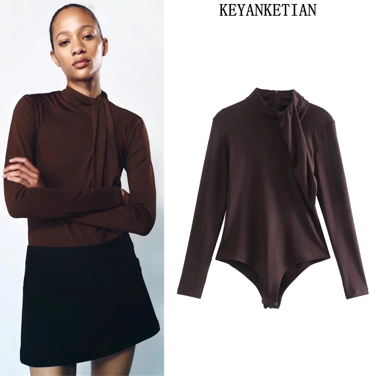 KEYANKETIAN ZA Women's High Street Stand Collar Knot Design Chocolate Color Bodysuit Ladies One Piece Fashion Back Zip Jumpsuit
KEYANKETIAN ZA Women's High Street Stand Collar Knot Design Chocolate Color Bodysuit Ladies One Piece Fashion Back Zip Jumpsuit