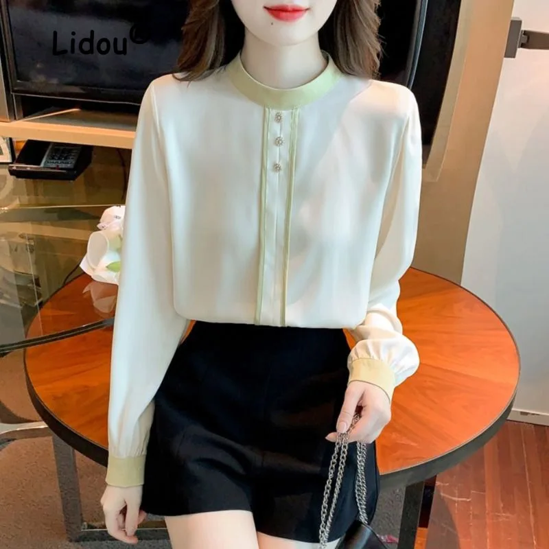 Autumn Fashion Color Blocking Personality Blouse Women New High-quality Long Sleeve Button O-collar Lady Pullover Chiffon Shirt 
Autumn Fashion Color Blocking Personality Blouse Women New High-quality Long Sleeve Button O-collar Lady Pullover Chiffon Shirt