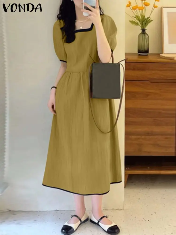 

Элегантное летнее женское платье VONDA 2023, цветная рубашка с коротким рукавом в стиле пэчворк, сарафан средней длины, повседневный свободный плиссированный строгий Халат