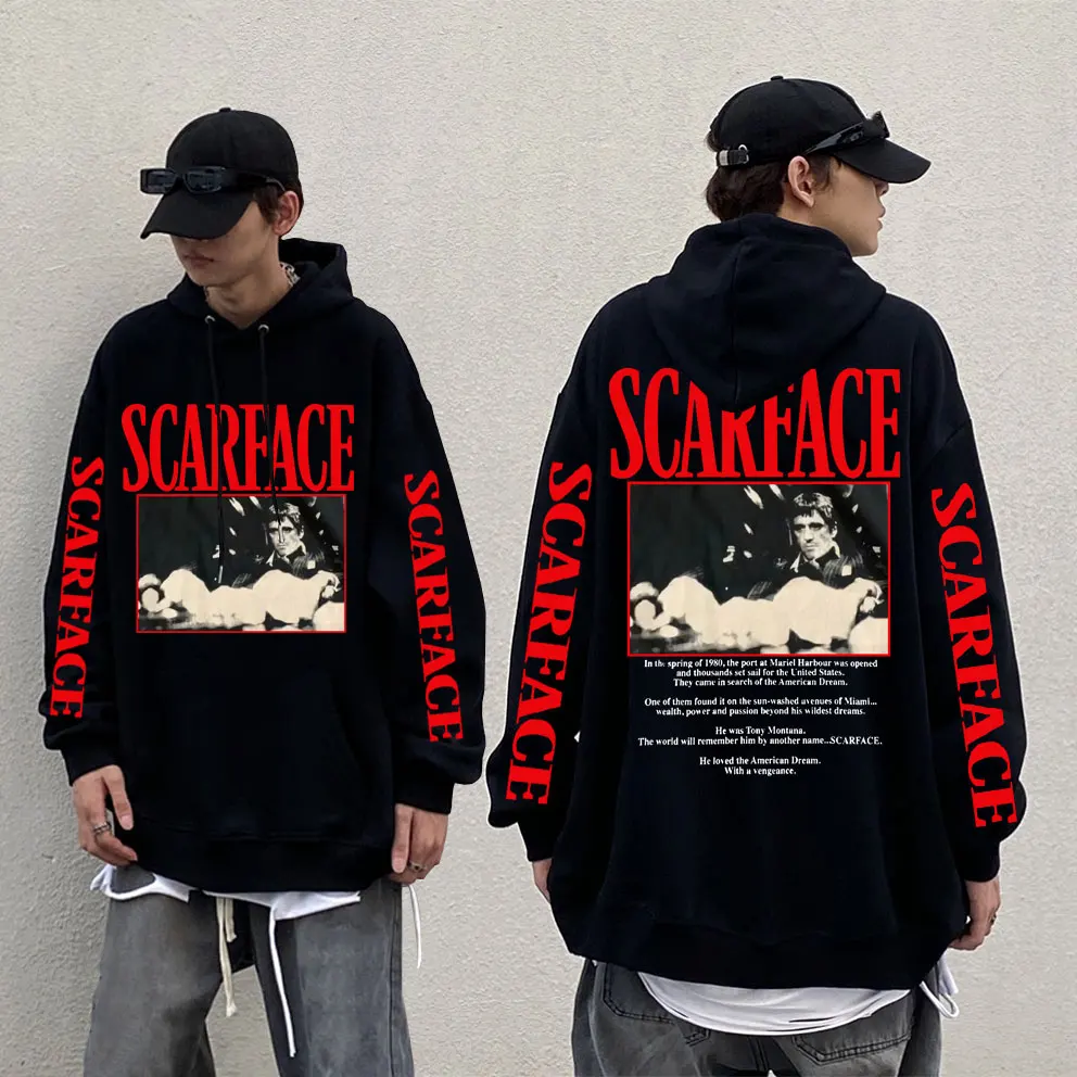 

Vintage 90s Movie Scarface Tony Montana Hoodie Men Fleece Cotton Pullover Man Hip Hop Rock Hoodies Man Fashion Loose Sweatshirt