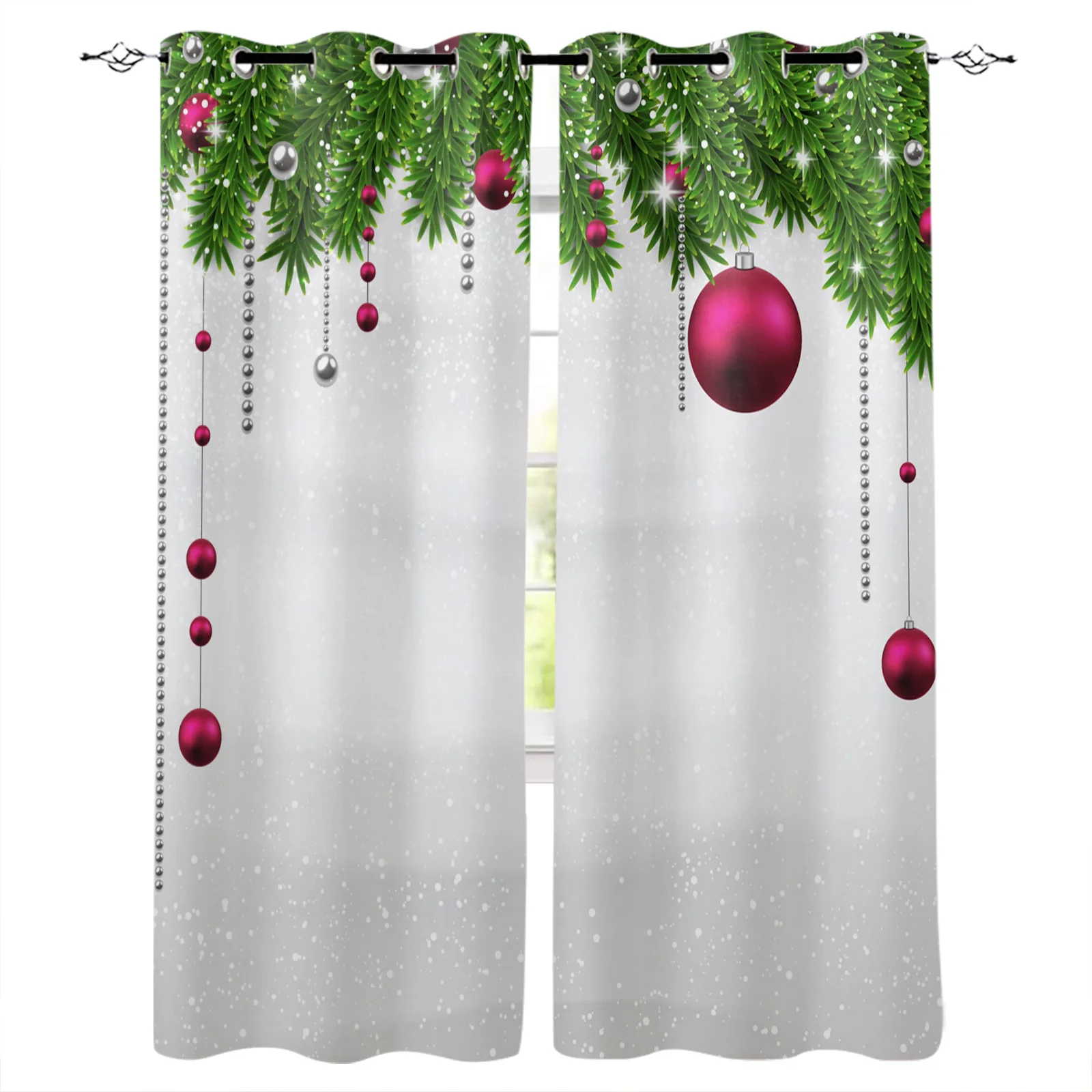 

Christmas Tree Leaves Red Ball Snowflake Plant Blackout Curtains Window Curtains for Bedroom Living Room Decor Window Treatments