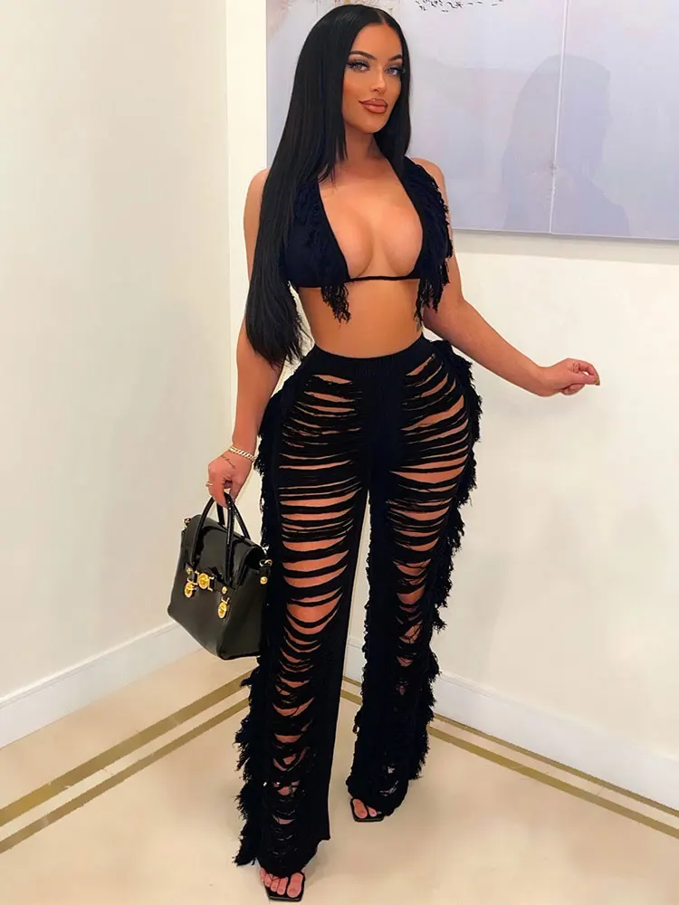 2023 Summer New Women's Fringed Halter Neck Sexy Bikinis Cover Up Beachwear Set Cut Out Knitted Bikini Top And Pants Suits A2087
2023 Summer New Women's Fringed Halter Neck Sexy Bikinis Cover Up Beachwear Set Cut Out Knitted Bikini Top And Pants Suits A2087