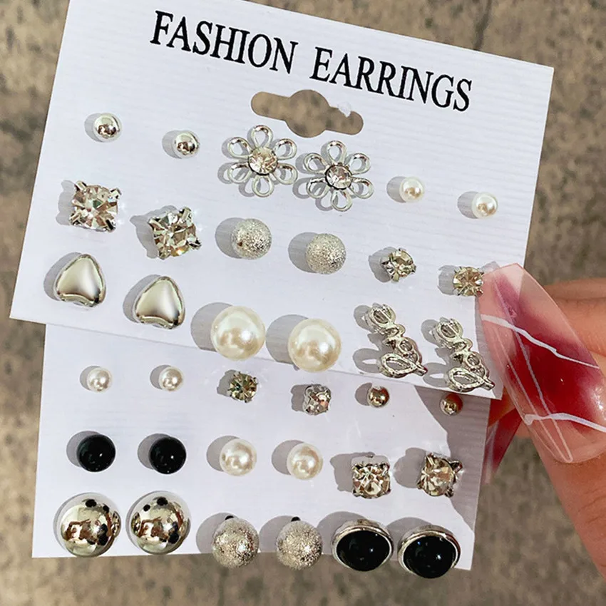 

9pairs Silver Color Letter Love Stud Earring Set for Women Creative Vintage Simple Flower Heart Pearl Crystal Earrings Jewelry