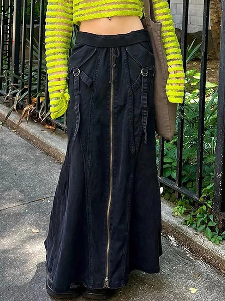 Sweetown Grunge Black Ribbon Drawstring Stitch Long Skirts Vintage Women Aesthetic Zipper Clothes Low Waist Pockets Denim Skirt
Sweetown Grunge Black Ribbon Drawstring Stitch Long Skirts Vintage Women Aesthetic Zipper Clothes Low Waist Pockets Denim Skirt