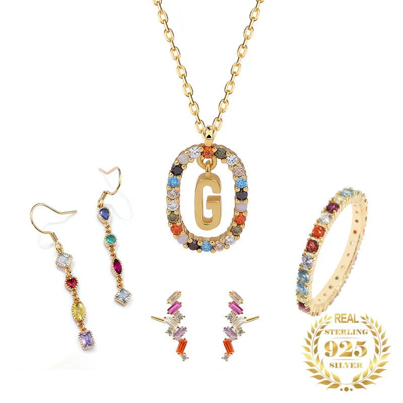 100% 925 Silver Bohemia Summer Jewelry Sets 26 Alphabet Letter Pendant Necklace Rainbow Colorful Zircon Rings Earrings for Women
100% 925 Silver Bohemia Summer Jewelry Sets 26 Alphabet Letter Pendant Necklace Rainbow Colorful Zircon Rings Earrings for Women