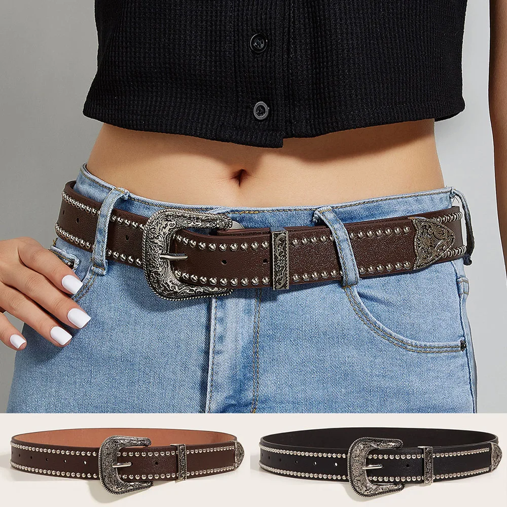 

Punk Rock Studded Pu Leather Belts Retro Carved Pin Buckle Waistband Cool Waist Belts For Men Women Y2K Hip Hop Jeans Belt Cinto