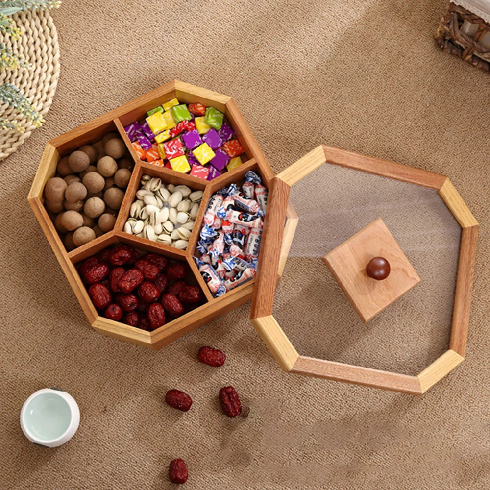 

Wooden Dried Fruit Box With Lid Multi Compartments Snack Storage Container Sectional Tray For Candy Dry Fruits Nuts
