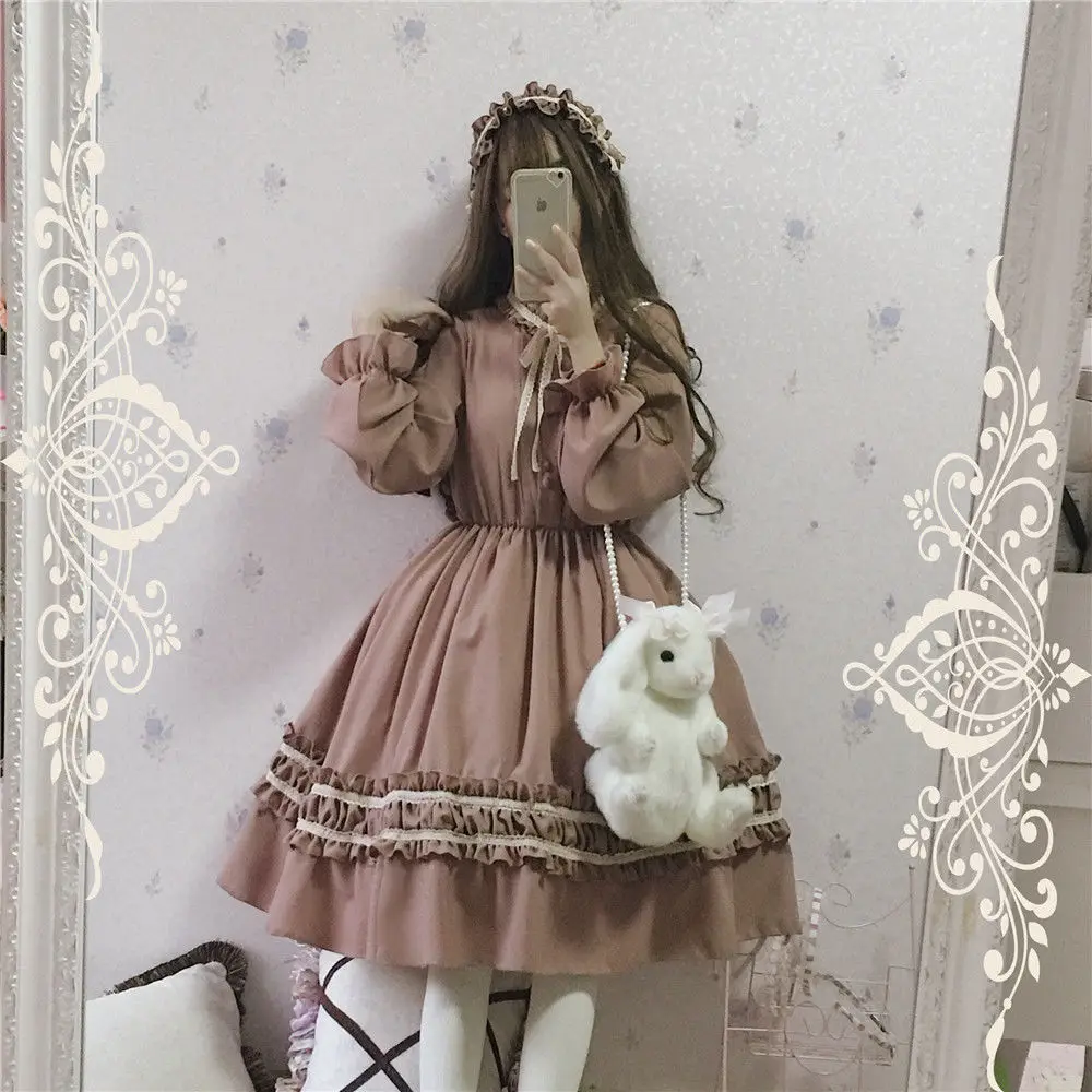 

Japanese Harajuku Lolita OP Women Dress Flouncing Lace Trim Long Sleeves Doll Teen Dress Alice In Wondeland Cute Fairy Vestidos