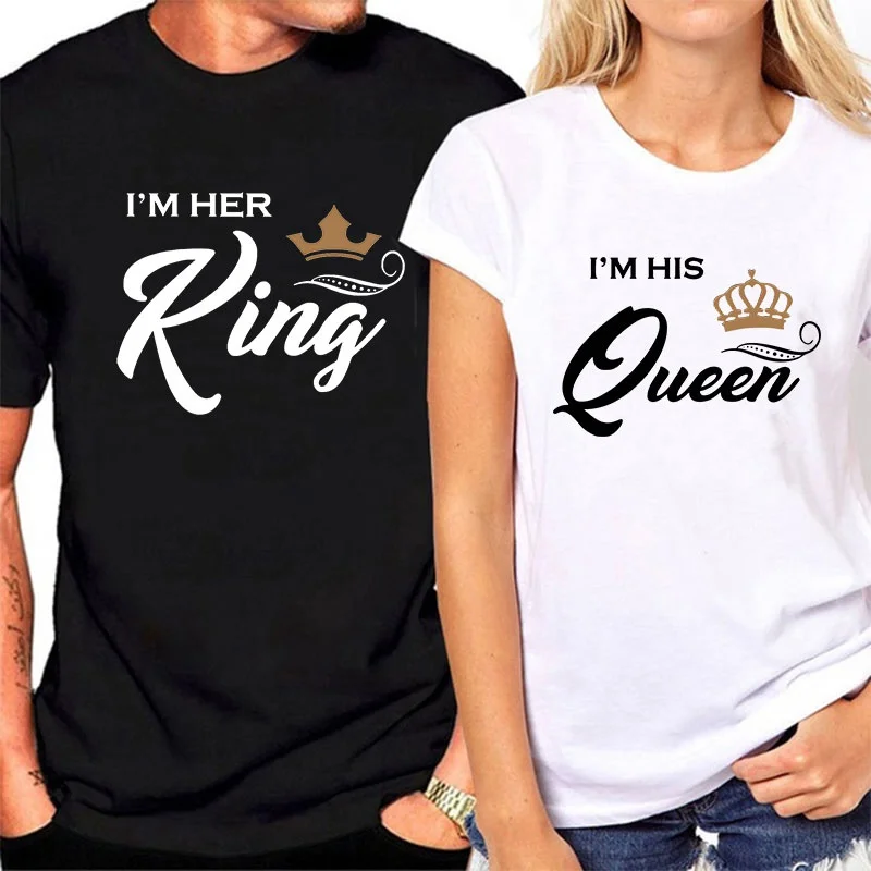 

Модные новые рубашки для пары короля и королевы с коротким рукавом I'm Her King and I'm His Queen, мужские и женские футболки с принтом, Повседневная парная футболка