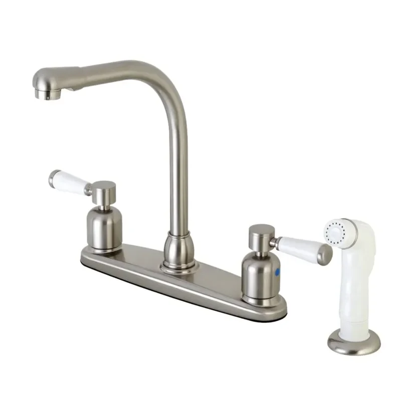 Gorgeous Brushed Nickel 8-Inch Centerset Kitchen Faucet w/ Sprayer - Perfect for Modern Home Decor.
Gorgeous Brushed Nickel 8-Inch Centerset Kitchen Faucet w/ Sprayer - Perfect for Modern Home Decor.