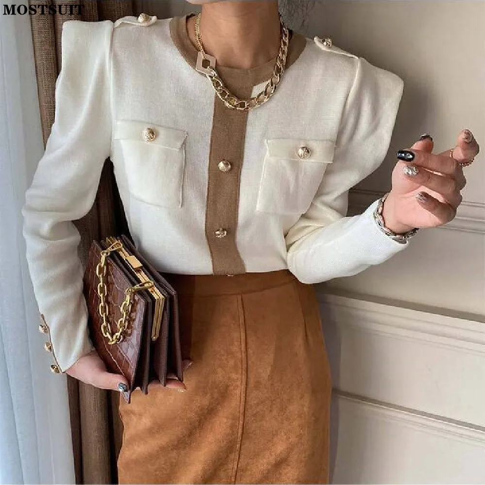 Korean Stylish Long Sleeve Knitted Sweater Pullover Women Workwear Chic Fashion Gold Buttons Ladies Knitwear Tops Jumpers 2022
Korean Stylish Long Sleeve Knitted Sweater Pullover Women Workwear Chic Fashion Gold Buttons Ladies Knitwear Tops Jumpers 2022