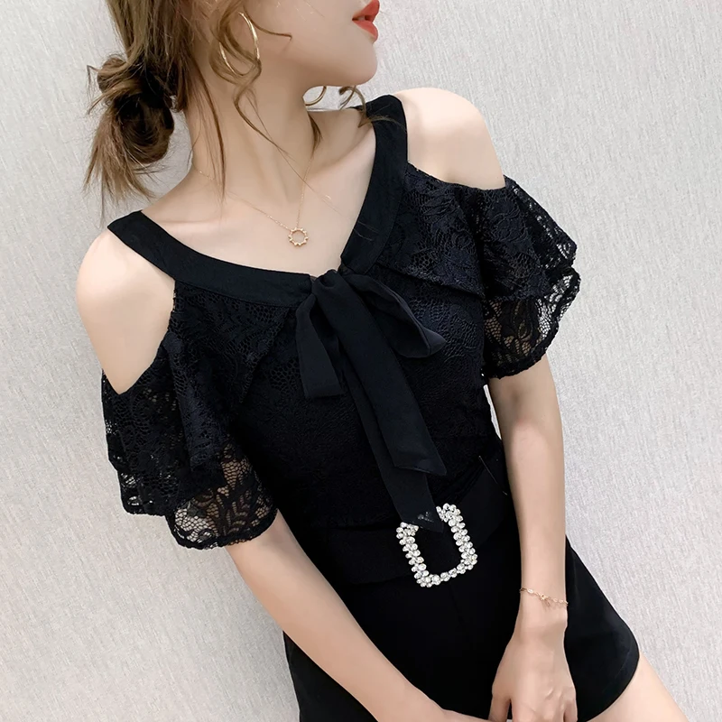 

Summer Korean Clothes T-Shirt Fashion Sexy Off Shouder Bowknot Lace Ruffles Women Tops Batwing Sleeve All Match New Tees 9220