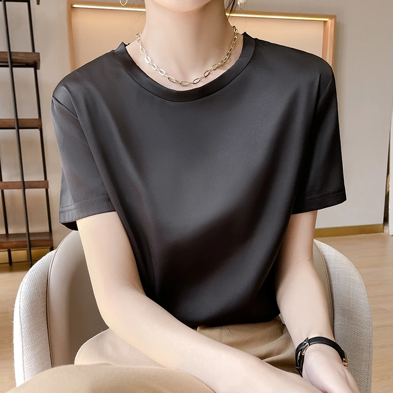 French style round neck acetic acid satin short sleeve women loose simple foundation versatile T-shirt pullover silky thin
French style round neck acetic acid satin short sleeve women loose simple foundation versatile T-shirt pullover silky thin
