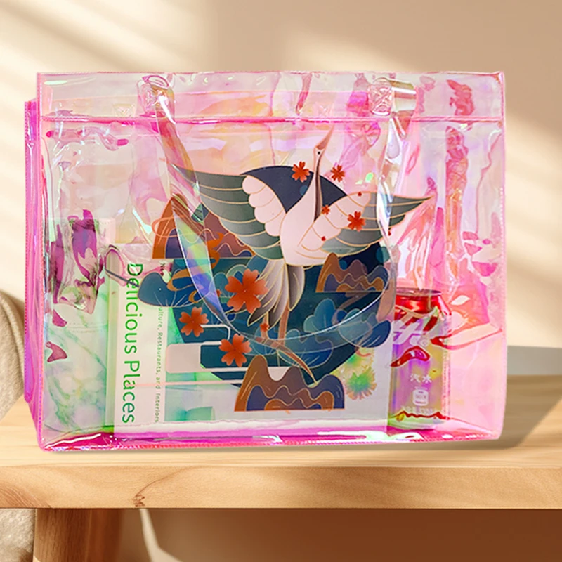 

2023 Pink Holographic Tote Bag PVC Transparent Handbags for Women Waterproof Shoulder Bag Large Capacity Jelly Shopping bag
