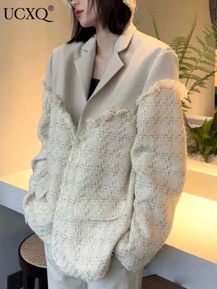 Женский офисный блейзер с отложным воротником UCXQ, блейзер в клетку в стиле пэчворк, куртка для женщин, темпераментные костюмы с длинным рукавом, пальто, осень 2023, 23A4232 
Женский офисный блейзер с отложным воротником UCXQ, блейзер в клетку в стиле пэчворк, куртка для женщин, темпераментные костюмы с длинным рукавом, пальто, осень 2023, 23A4232