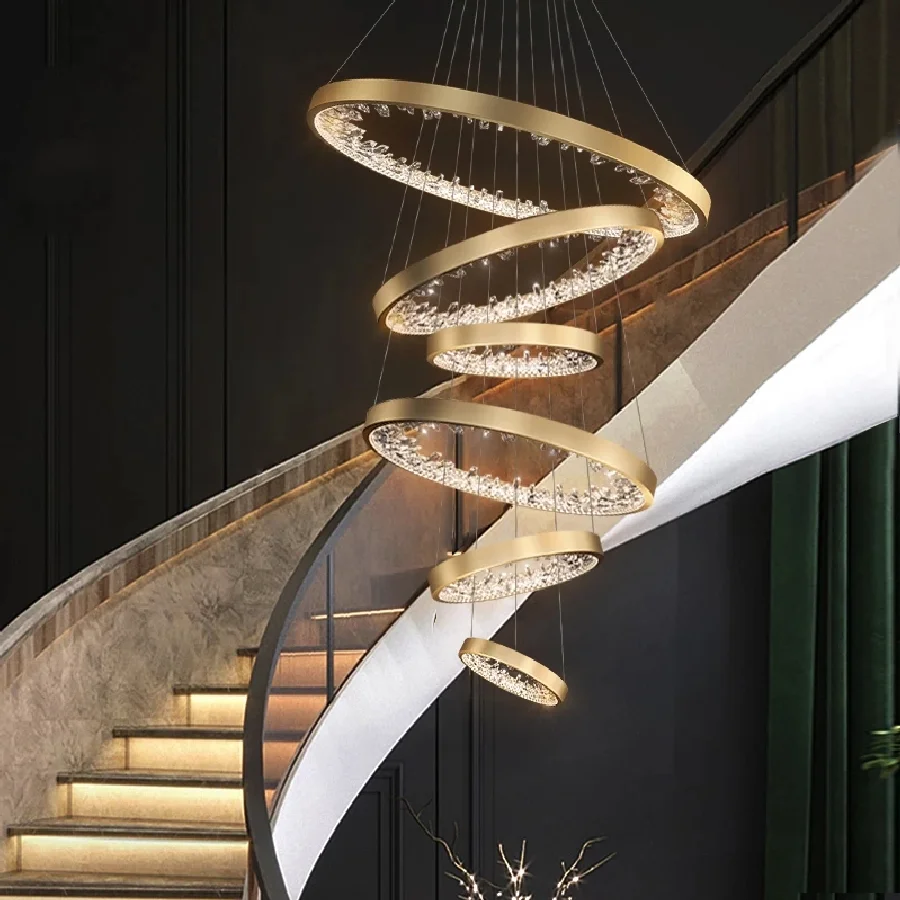 

Modern Ring Long Staircase Crystal Chandelier Luxury Villa Loft Duplex Hall Hanging Lamp FixturesDimmable Stainless Steel Gold