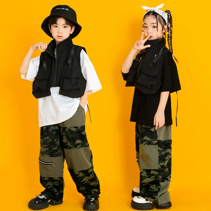 

Kids Street Wear Outfits Teenage Hip Hop Clothing Black Jacket Vest Casual Camo Pants for Girl Boy Jazz Dance Costume Clothes