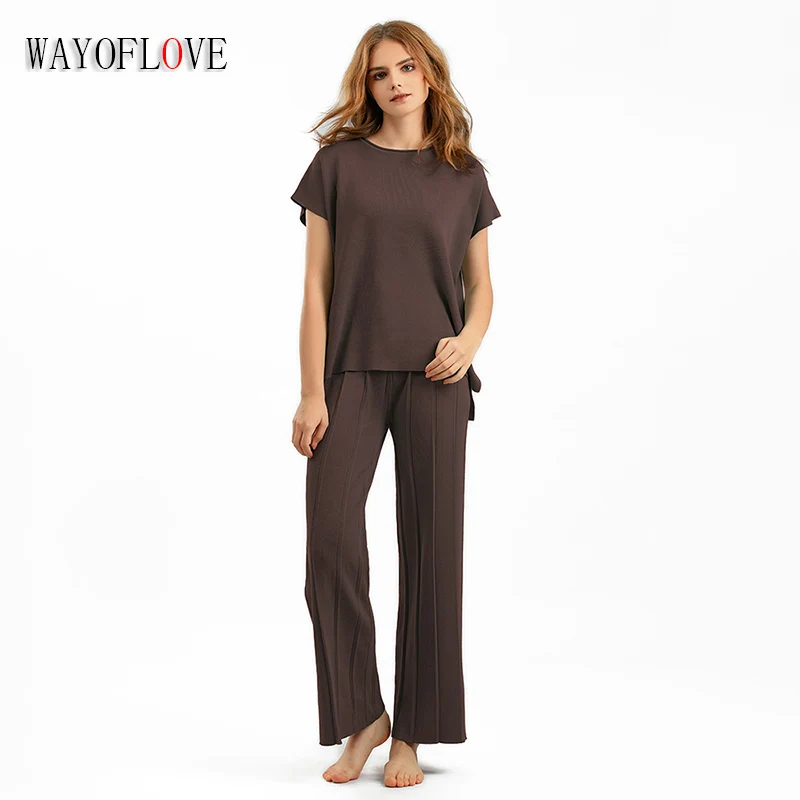 

WAYOFLOVE Spring Summer Women Casual Knitted Two Piece Sets Solid Sleeveless Tank Top Shirt And Wide Leg Pants Knit Ice Silk Set