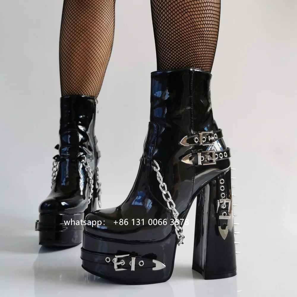 

Женские ботинки в стиле панк, ботинки на высокой платформе, с металлическими цепочками и заклепками, на массивном высоком каблуке, обувь для вечеринки, большие размеры 36-47