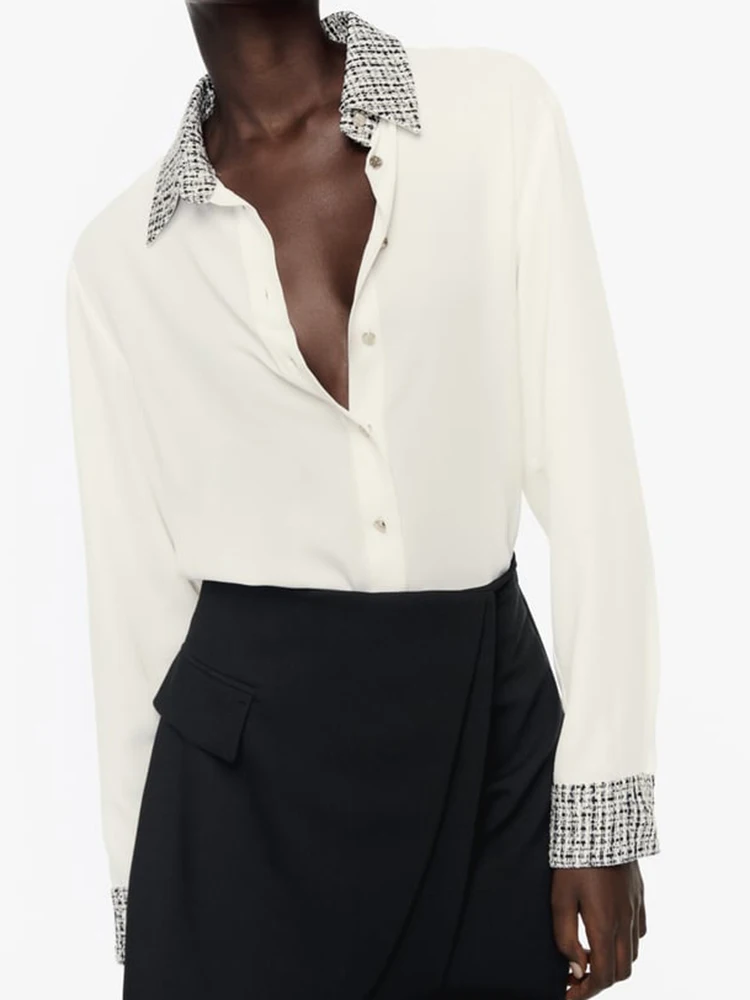 Patchwork Texture Women's Shirt Fashion Front Metal Button Lapel Long Sleeve Tops Female Blouses 2023 Vintage Office Lady Blusas
Patchwork Texture Women's Shirt Fashion Front Metal Button Lapel Long Sleeve Tops Female Blouses 2023 Vintage Office Lady Blusas