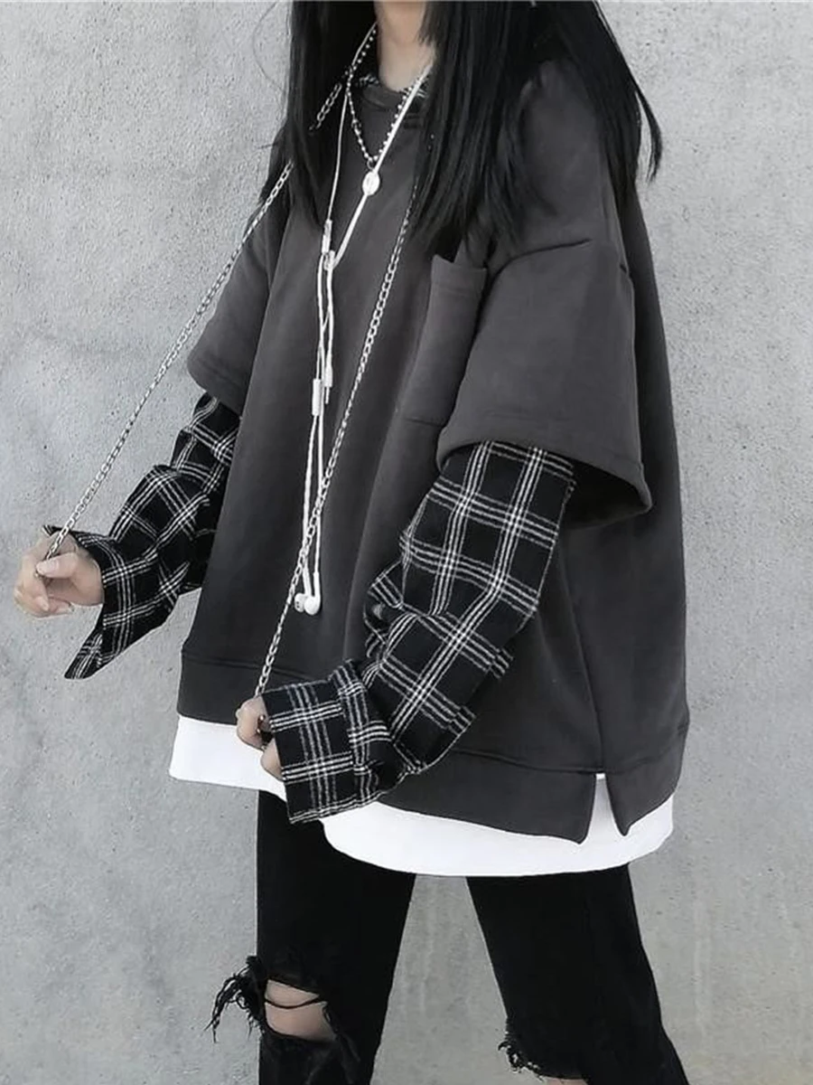 Fake Two Piece Hoodie Women Harajuku Plaid Sweatshirts Japan Kawaii Hoodie Casual Pullovers Tops Gray Oversize Basic Hoodies
Fake Two Piece Hoodie Women Harajuku Plaid Sweatshirts Japan Kawaii Hoodie Casual Pullovers Tops Gray Oversize Basic Hoodies