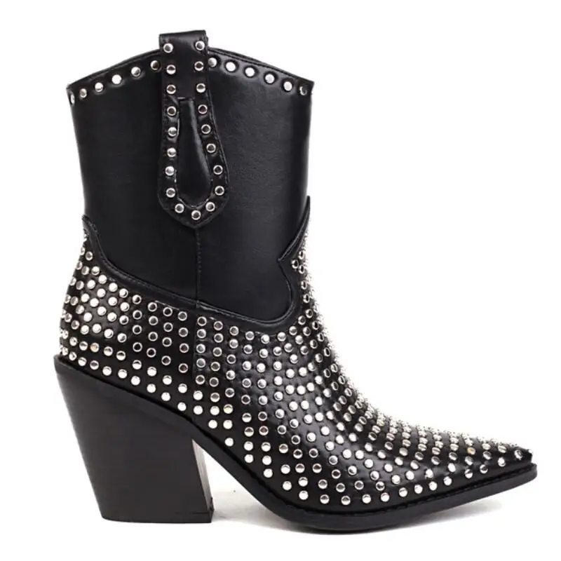 Женские ботильоны с заклепками, черные ботинки в стиле панк на толстом высоком каблуке, с острым носком, большие размеры до 43, для осени и зимы, 2022 
Женские ботильоны с заклепками, черные ботинки в стиле панк на толстом высоком каблуке, с острым носком, большие размеры до 43, для осени и зимы, 2022