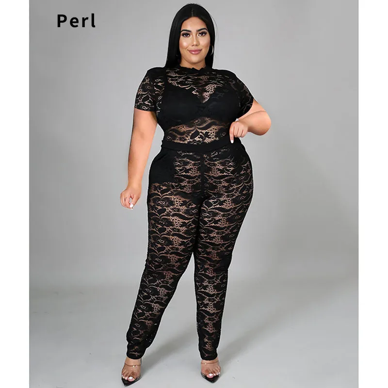 

Perl Lace Two Piece Outfit Sexy See Through Matching Set Top+pants Suit Plus Size Women's Clothing Transparent Garment 3XL 4XL