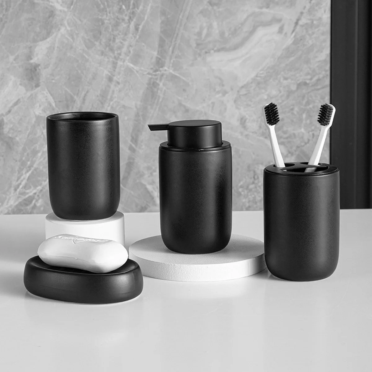 Bathroom Accessories Liquid Soap Dispenser Black Ceramic Toothbrush Holder Cup Soap Dish Shampoo Bottle Liquid Soap Dispenser
Bathroom Accessories Liquid Soap Dispenser Black Ceramic Toothbrush Holder Cup Soap Dish Shampoo Bottle Liquid Soap Dispenser