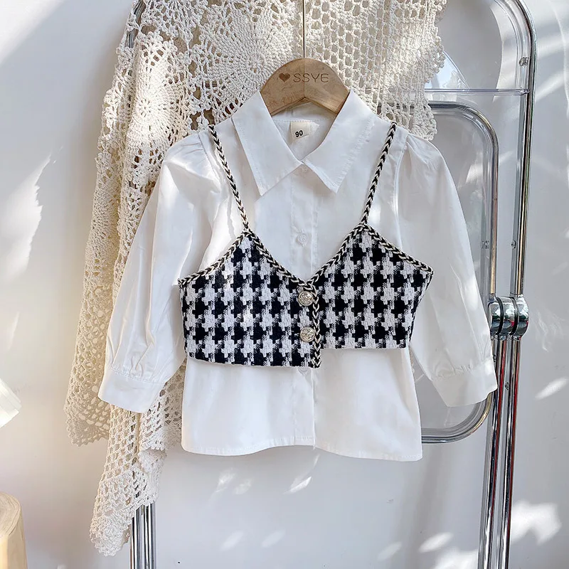 

Spring Autumn Girls 2 Pcs Set Baby White Shirt + Vest Kids Suits Children Clothes Grid Check Plaid Camis Gunny 2-7Y