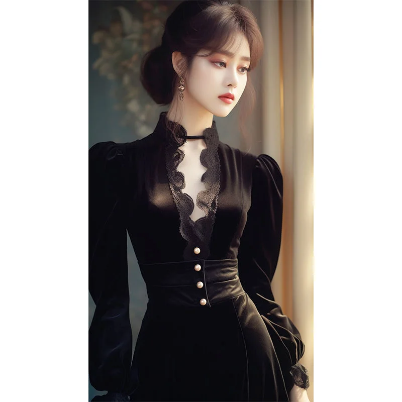 

Винтажное черное бархатное платье, Осеннее новое французское привлекательное кружевное лоскутное платье с V-образным вырезом, облегающее длинное платье, элегантное женское столовое платье, Q713