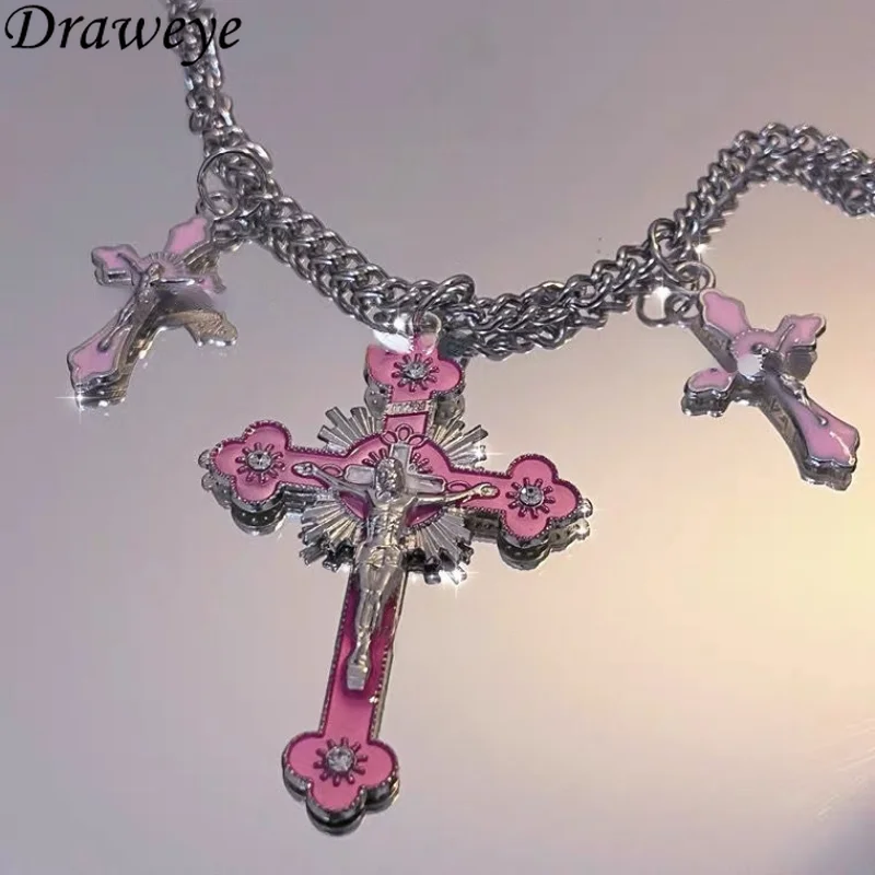 

Ожерелье Draweye с розовым крестом для женщин Y2k модные готические парные ювелирные изделия в японском стиле металлические цепи Чокеры ожерель...