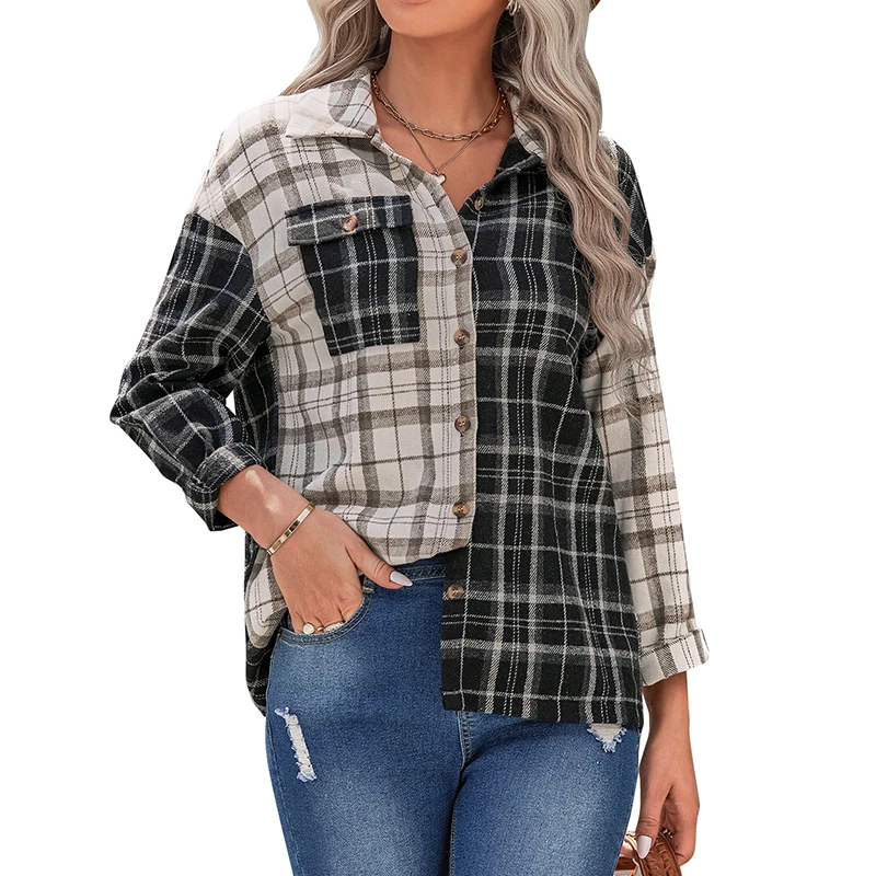 Women Button Down Lapel Shirts, Casual Long Sleeve Contrast Color Plaid Print Tops 
Women Button Down Lapel Shirts, Casual Long Sleeve Contrast Color Plaid Print Tops
