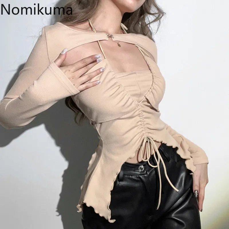 Топы Nomikuma Y2k, сезон весна-осень, с лямкой на шее, с вырезами, из двух предметов, женская одежда в стиле Харадзюку, модные уличные футболки с длинным рукавом
Топы Nomikuma Y2k, сезон весна-осень, с лямкой на шее, с вырезами, из двух предметов, женская одежда в стиле Харадзюку, модные уличные футболки с длинным рукавом