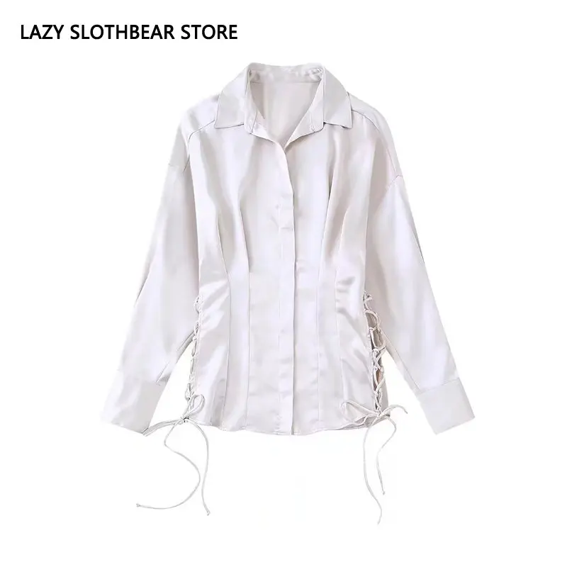 Casual Office Lady Blouse Puff Sleeve Lace Up Hollow Out Satin Shirt For Women Spring Turn Down Collar Top
Casual Office Lady Blouse Puff Sleeve Lace Up Hollow Out Satin Shirt For Women Spring Turn Down Collar Top