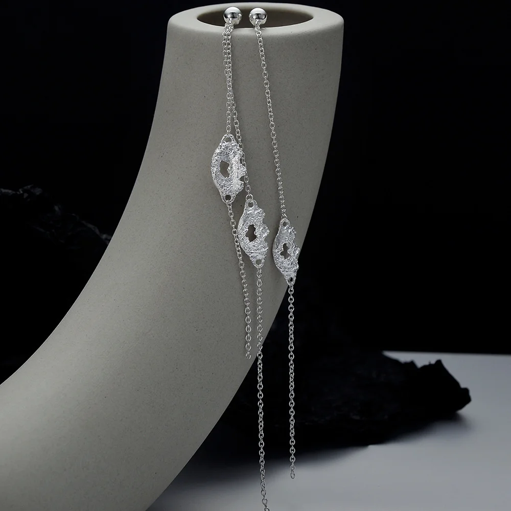 

brand genuine Luxury real jewels E1232 Long Chain Tassel Female Premium Korean Textured S925 Sterling Silver Asymmetric Earrings