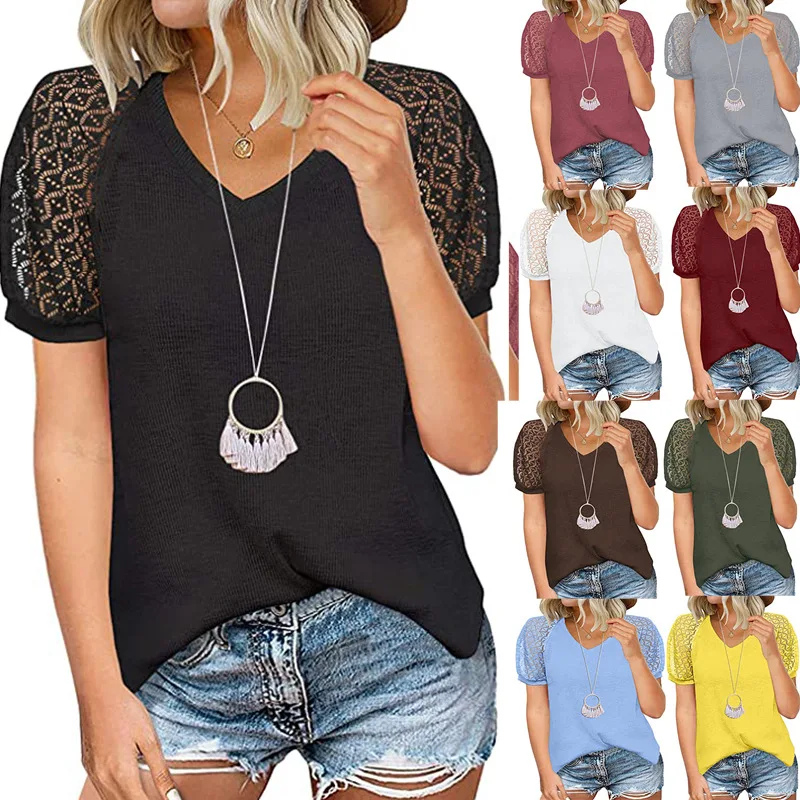 2022 Spring and Summer New V-neck Splicing Lace Short Sleeve Tops Women 
2022 Spring and Summer New V-neck Splicing Lace Short Sleeve Tops Women