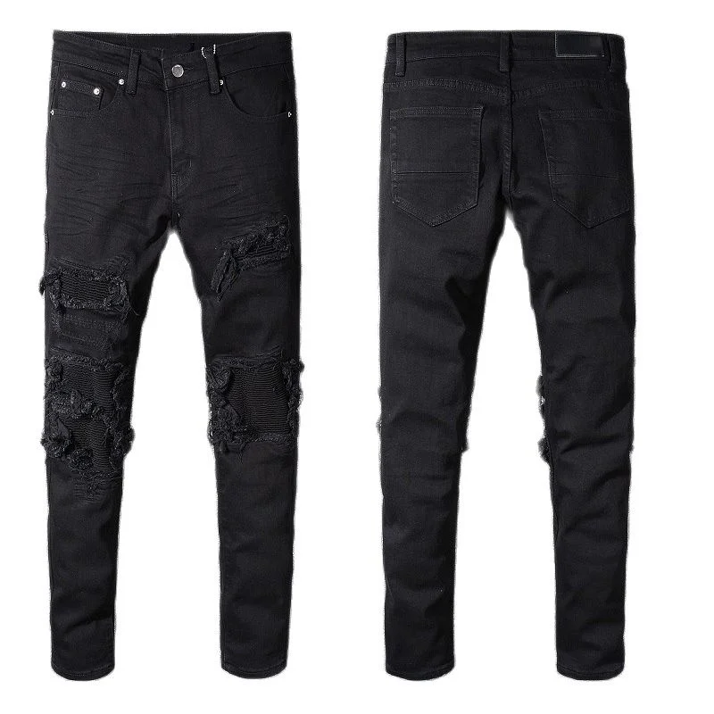 

Denim Black Men's Aged Pants Streetwear Boys Y2k Fashion Slim Fit Distressed Baggy Scratched Patches Skinny Stretch Ripped Jeans