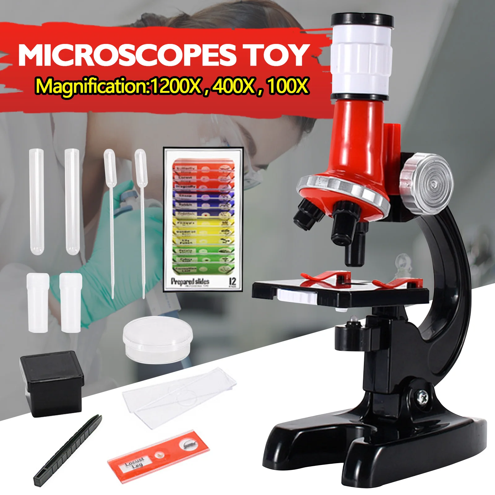1200X Monocular Biological Microscope Kit with LED Light Prepared Slides Dropper Test Tube for Kids Children Scientific Toy
1200X Monocular Biological Microscope Kit with LED Light Prepared Slides Dropper Test Tube for Kids Children Scientific Toy