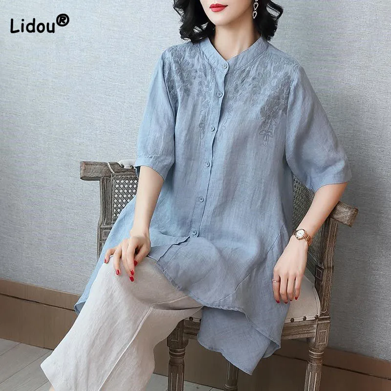 Summer Simplicity Elegant Embroidery Half Sleeve Shirts for Female Casual All-match Irregular Loose Blouse Women's Clothing
Summer Simplicity Elegant Embroidery Half Sleeve Shirts for Female Casual All-match Irregular Loose Blouse Women's Clothing