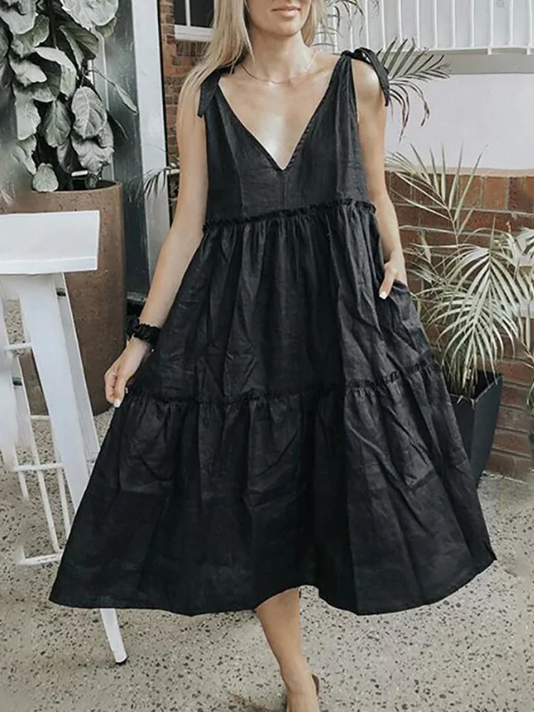 Женское платье с оборками и V-образным вырезом, черное однотонное пляжное платье без рукавов, свободное повседневное праздничное платье, Но...
Женское платье с оборками и V-образным вырезом, черное однотонное пляжное платье без рукавов, свободное повседневное праздничное платье, Но...