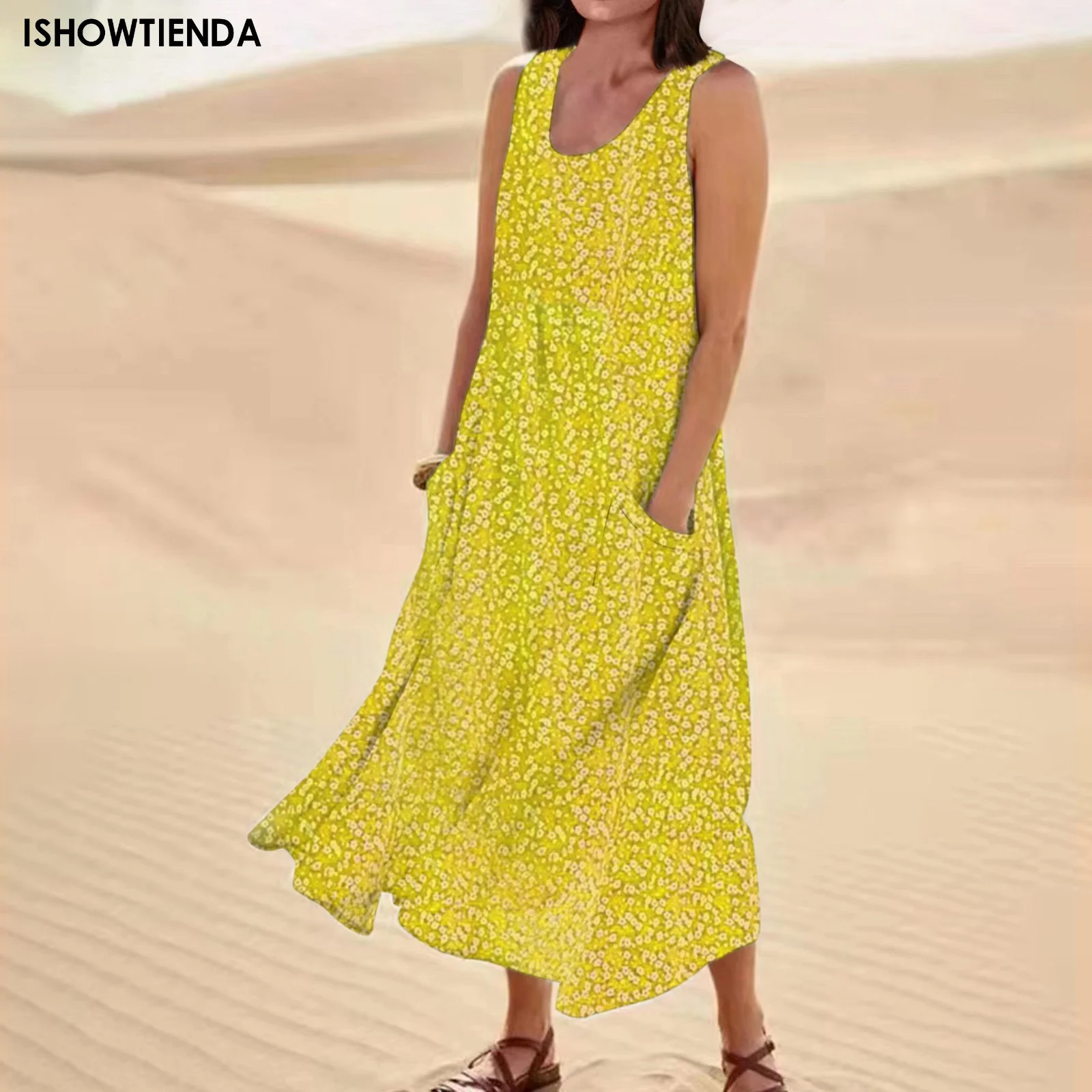 Vintage Sleeveless Tank Dress Women Elegant Round Neck Solid Cotton Linen Vestidos Summer Casual Loose Pockets Long Dresses 
Vintage Sleeveless Tank Dress Women Elegant Round Neck Solid Cotton Linen Vestidos Summer Casual Loose Pockets Long Dresses